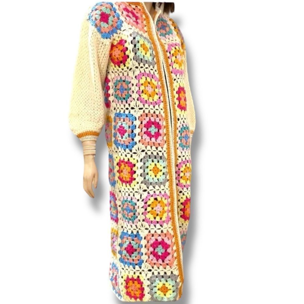 Handmade Granny Square Crochet Cardigan - Long Boho Duster Jacket Maxi NWT - Picture 2 of 4
